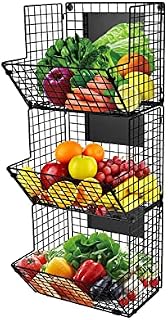 3-Tier Wall Mounted Storage Basket Foldable Organizer, Hanging Metal Wire Basket with Chalkboards, Kitchen Fruit Produce Pantry Bathroom Laundry Organization Office Garage Storage, Black