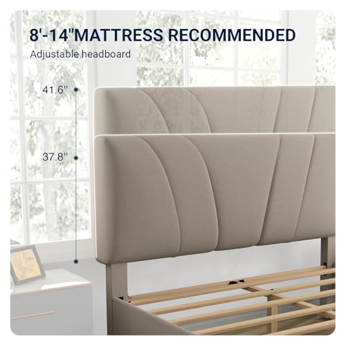 Avenco Queen Bed Frame, Upholstered Platform Bed Frame with Adjustable Headboard, Wood Slat Support, Easy Assembly, No Box Spring Needed, Beige by Avenco - Image 3