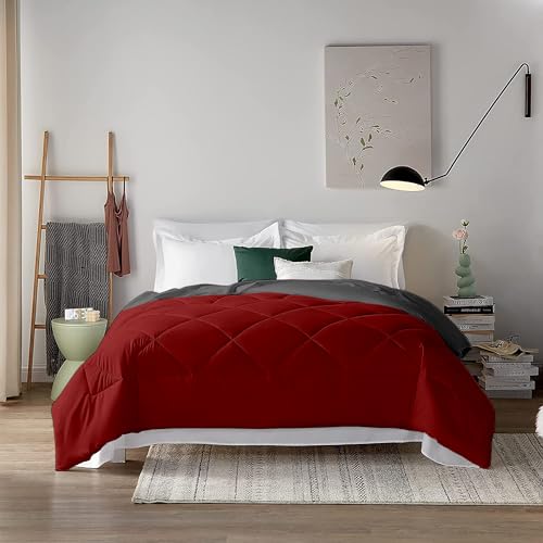 Image of Filbert 600 GSM Comforter for King Size | Super Warm Winter Quilt /Rajai | Thick Microfiber Blanket with Cloud-Soft Fill | Luxury Bedding for Winters - 92x106 Inch | Burgundy /Dark Grey