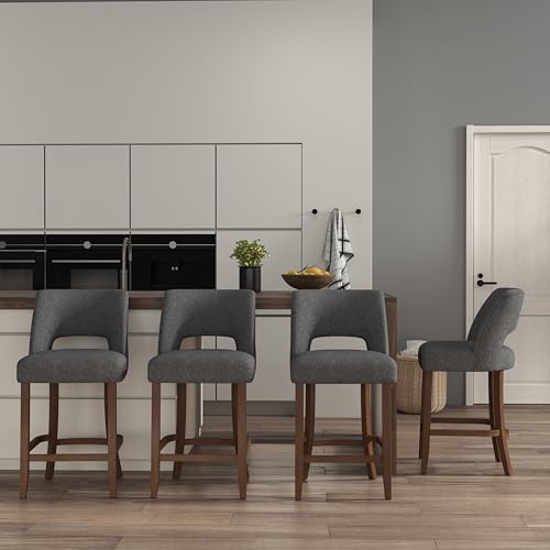 Image of VKNOW Bar Stools Set of 4, 26 inch Upholstered Counter Height Bar Stools, Modern Counter Stools with Wood Legs for Kitchen Island Dining Room Bar, Charcoal