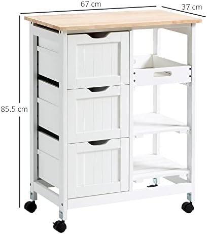 HOMCOM Rolling Kitchen Island Cart, Bar Serving Cart, Compact Trolley on Wheels with Wood Top, Shelves & Drawers for Home Dining Area, White