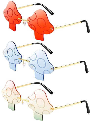 Leinuosen 3 Pairs Rimless Mushroom Shape Sunglasses Funky Retro Prom Party Sun Glasses Metal Frame Cute Fun Sunglasses for Men Women(Red, Light Blue, Gradient Color)