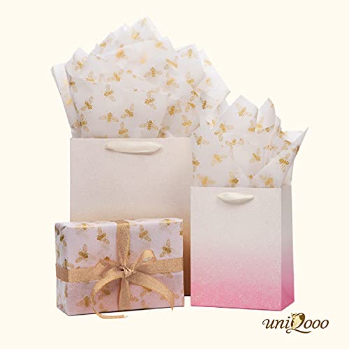 Uniqooo 40 Sheets Metallic Gold Foil Honey Bee Gift Wrapping Tissue Paper Bulk, Large 20X26 Inch, For Wedding Birthday Baby Shower Party Favor, Gift Bag Box Packaging, Diy #TOP1