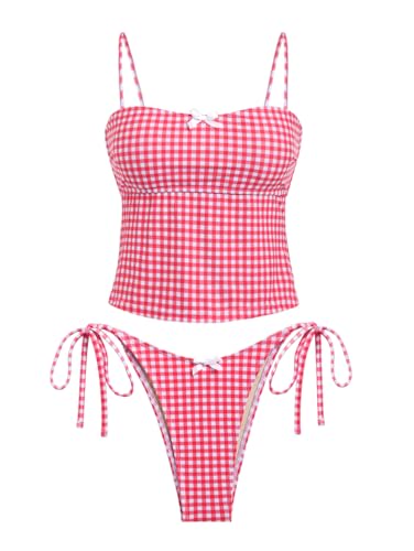 seamoly Gingham Cinched Back Bow Decor Tie Side Tankini Set,