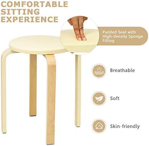 COSTWAY Set of 4 Stacking Wooden Stools, Upholstered Round Bar Stool with Non-Slip Foot Mat, Breakfast Dining Chair for Home Kitchen Office (with Cushioned Seat, Nature)