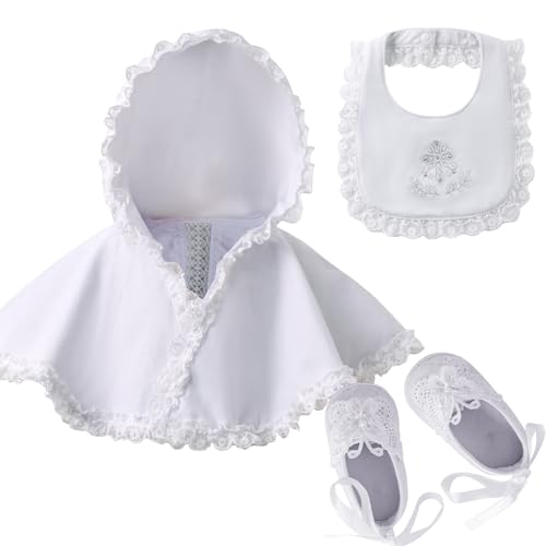 Booulfi Ruffle Baptism Bibs for Baby Girl White Cloak Infant Girl Shoes 3-6 Months 3 Pieces Baptism Gifts Baby Girl Essentials
