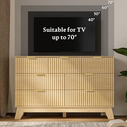 Image of HUANLEGO 48 inch W Fluted Dresser for Bedroom with 7 Drawers, Oak | Mid Century Modern Dressers & Chest of Drawers, Boho Dresser for Closet, 7 Drawer Storage TV Stand for Bedroom