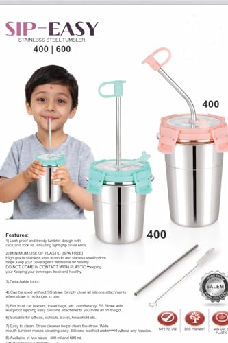 Image of Stainless Steel Fusion Glass Tumbler with Stainless Steel Metal Straws and Cleaning Brush with Steel Lid (SIP Easy 400+600 ML)