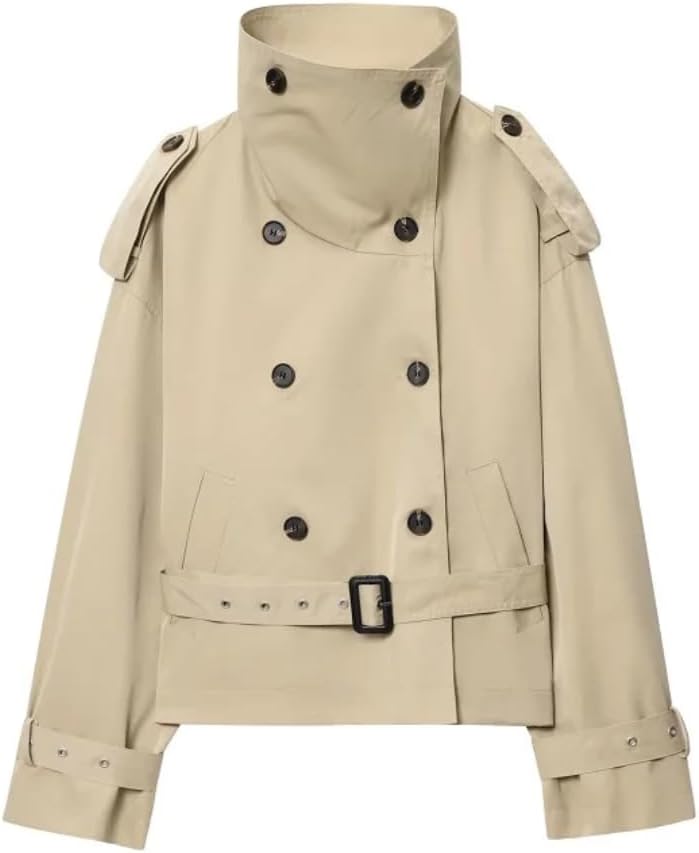 Women's Short Trench Coat, Double Breasted Belted Windbreaker, Winter Outdoor Water-Resistant Jacket in Outerwear