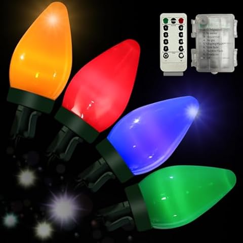 Anycosy Christmas Lights, 29.5 FT 60 LEDs C7 Battery Operated Strings Lights 8 Modes with Auto On/Off Time for Xmas Tree Garland Garden Patio Indoor Outdoor Christmas Decorations Cover