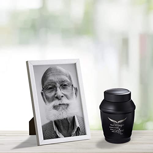 LINES ARTE 5.7 Inches Medium Size Urns for Human Ashes Adult Male,Black Angel Wings Cremation Decorative Urns for Adult Ashes