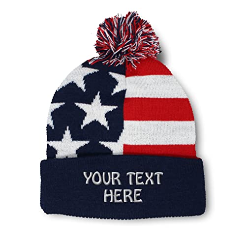 Winter Hat Pom Pom Beanie for Men & Women Custom Personalized Text Name Embroidery Acrylic Skull Cap Hat American Flag 1 Size