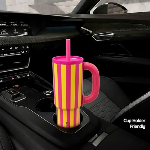 Image of House of Quirk 1200ml Stainless Steel Tumbler with Handle, Straw & Straw Cap | Leakproof Water Bottle | Large Capacity Travel Mug (Pink Lemonade)