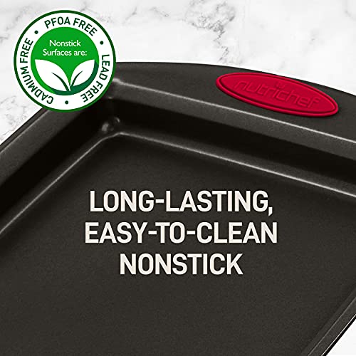 Nutrichef 2-Piece Baking Pan Set - Pfoa, Pfos, Ptfe Free Flexible Nonstick Black Coating Carbon Steel Bakeware - Professional Home Kitchen Bake Cookie Sheet Stackable Tray W/Red Silicone Handles #TOP6