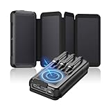 Tranmix Solar Charger for Outdoor: 49800mAh Power Bank with Built-in Cables - 20W Fast Charging External Battery Pack with 4 Foldble Solar Panels & 3 Flashlights for All Cellphone, Tablets(Black)