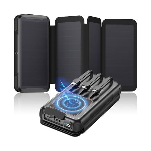 Tranmix Solar Charger for Outdoor: 49800mAh Power Bank with Built-in Cables - 20W Fast Charging External Battery Pack with 4 Foldble Solar Panels & 3 Flashlights for All Cellphone, Tablets(Black)