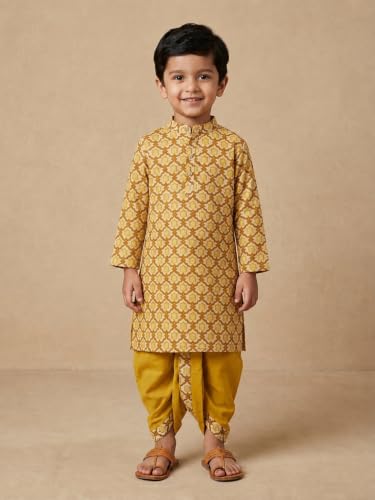 Image of The Mom Store Baby /Kids Boys Dhoti Kurta Set | Dhoti and Kurta | 100% Cotton | Comfortable | Ethnic | Festive Look | Block Prints | Colored Dhoti | Blue
