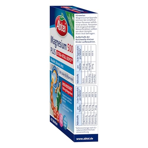 Abtei Magnesium 500 Plus Extra-Vital-Depot – hochdosierte Magnesiumtabletten – mit allen B-Vitaminen – für Muskeln, Nerven und Herz – vegan – 42 Tabletten