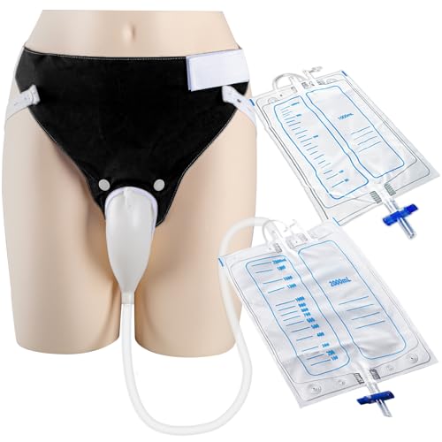 Wearable Urine Collector Set with 2 Collection Bags (1000ml/2000ml), 1.2M Catheter, Urine Catching Capsule, Breathable Cotton Pants for Elderly Men Black