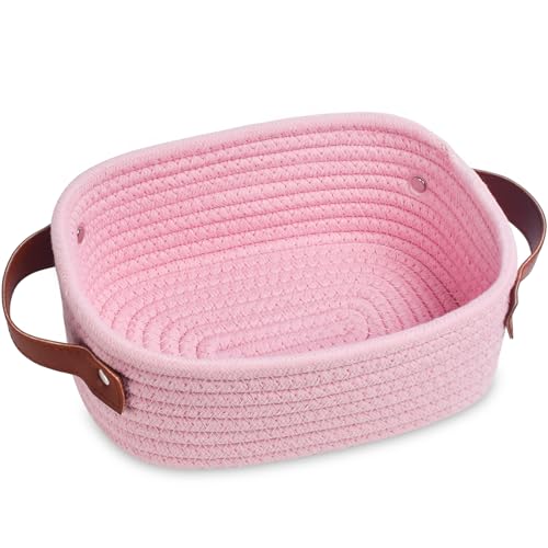 ABenkle Small Storage Basket Mini Rope Woven Baskets Cute Shelf Closet Storage Organizer Boho Decorative Toy Bin for Nursery Living Room Spa Empty Gift Basket - XS Pink