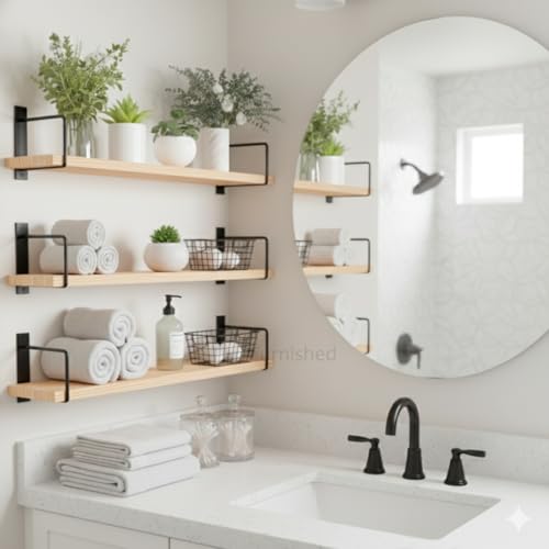 Image of Wall Mounted Bathroom Shelves Set of 3, White Rustic Wood Floating Shelves with Metal Brackets, Storage Rack for Toiletries Organizer Kitchen Living Room AustralianPine (NOT MDF) 23.5 inch