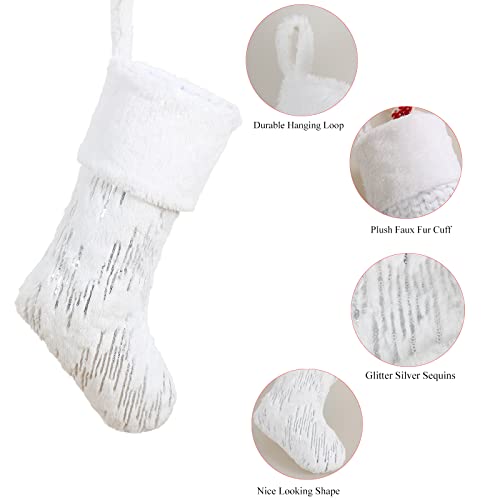 Yosichy 18” Christmas Stockings White Plush Faux Fur With Glitter Silver Sequins Snowy Xmas Hanging Stocking For Holiday Party Décor Pack Of 2 #TOP2