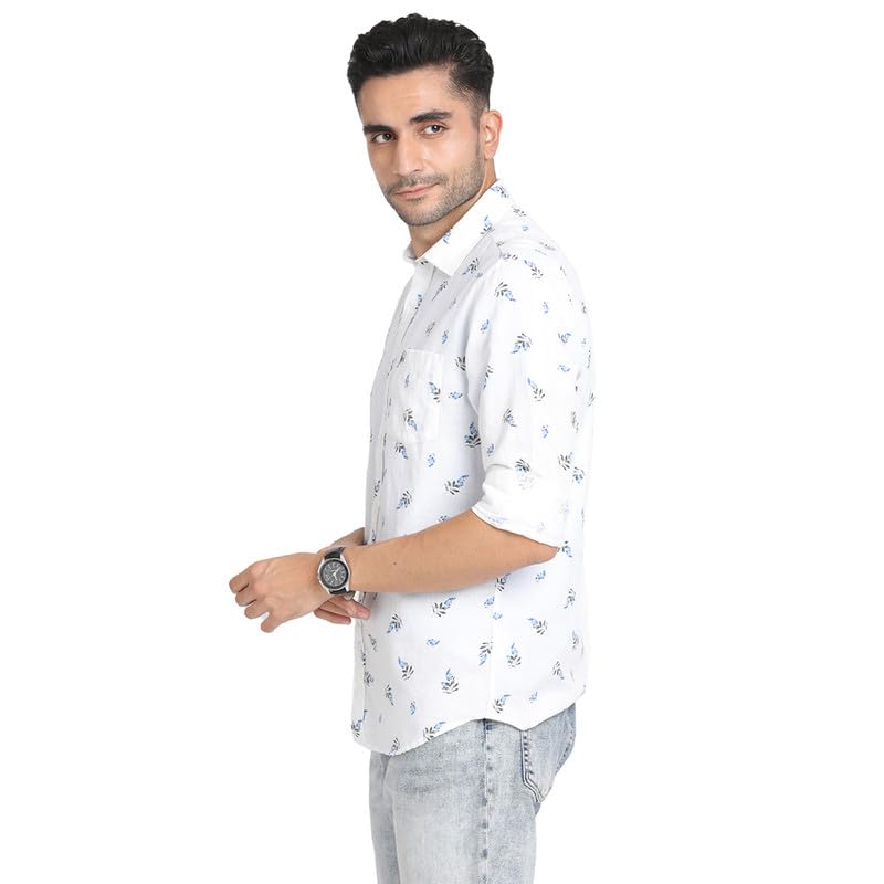 Image of Turtle Men Cotton Linen White Printed Slim Fit Full Sleeve Casual Shirt