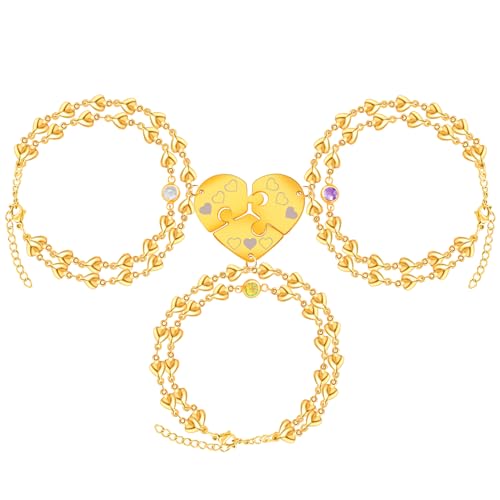 Image of 3PCS Love Heart Chain Bracelet Set for Women Graduation Gift Heart Puzzle Friendship Bracelet Personalized Name 3 Bracelets Customized Best Friends Family Love Jewelry SA4886