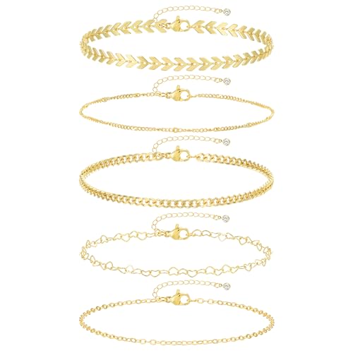 iF YOU Gold Ankle Bracelets for Women, 14k Gold Plated Waterproof Cuban Pearl Snake Chain Anklets Set, Gold Anklets for Women Beach Gift Adjustable Size (GOLD-2)