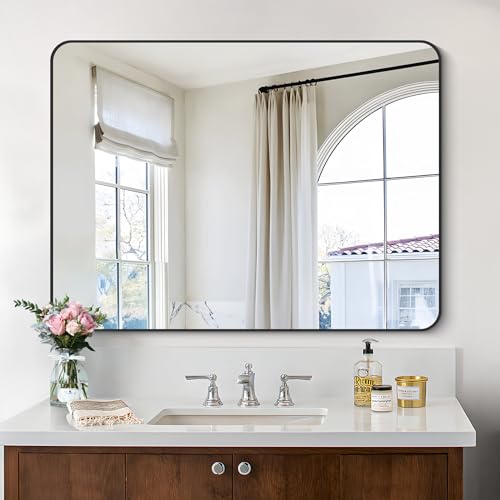 COFENY Bathroom Mirror, 30"x40" Black Rectangle Mirror, Wall Mounted Framed Mirror with Round Corner for Bedroom Living Room, Entryway Hangs Horizontal or Vertical