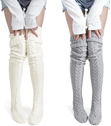 Pcavin Women's Thigh High Socks Over the Knee Cable Knit Boot Socks, Long Warm Fashion Leg Warmers Winter(White&Gray)