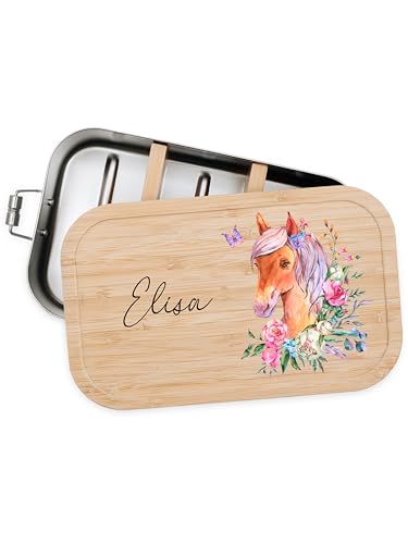 B&auml;renfreunde&reg; - Personalisierte Brotdose f&uuml;r Kinder mit Spezial-Druck - Robuste Edelstahl Brotdose - Personalisierte Geschenke f&uuml;r Kinder & Erwachsene (Pferdekopf Blumen,klein Wei&szlig;blech)