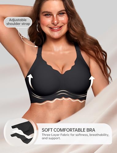 OEAK Women Jelly Bras Scalloped No Underwire Push Up Seamless Full Coverage Anti Sagging Bra Comfortable Convertible Everyday Bra Black,L