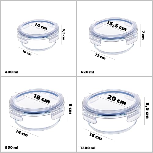 KADAX Glasbehälter Set mit Deckel, 4 Größen 400/620/950/1300 ml, luftdichte Frischhaltedosen aus Glas, Vorratsdosen für Kühlschrank… – Ansicht 3