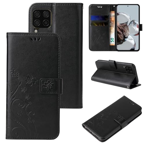 LBH Handy Hülle für Huawei P40 Lite Case Handytasche Schmetterling Blumen Flower Standfunktion Schutzhülle Magnet Rundum Schutz 360 Grad Flipcase Cover Schwarz