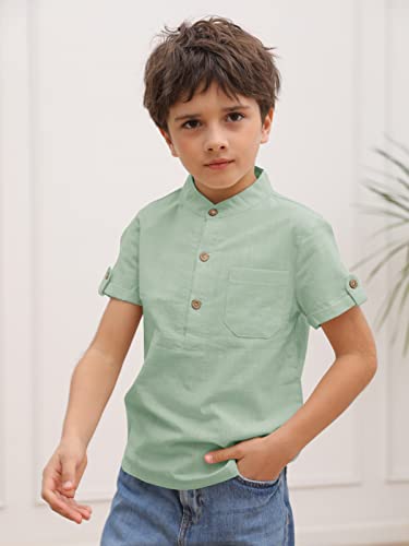 Malliosse Boys Short Sleeve Henley Shirt Button Up Linen Cotton Dress Shirts Tees Tops With One Pocket Green #TOP4