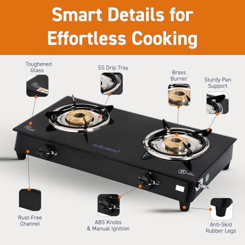 Image of Surya Flame Gas Stove 2 Burner with Glass Top, Brass Burners, 69%+ Thermal Efficiency & Toughened Glass, 2 Years Warranty & Doorstep Service across India
