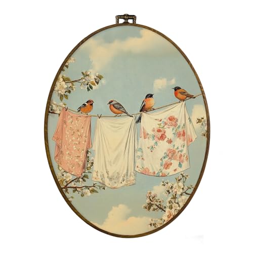 dvhdajed Rustic Laundry Room Oval Wall Art Decor, Vintage Laundry Room Artwork for Wall, Farmhouse Cottage Framed Canvas Art, Rustic Floral Bird Oval Wall Hanging Decor for Bedroom, 8.7x11.3 Inch