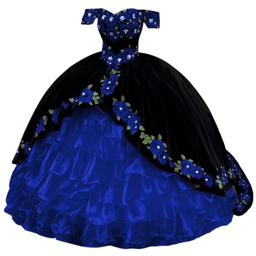 Black Velvet Ruffle Organza Quinceanera Dresses 3D Flowers Beaded Sweet 15 16 Dresses Off Shoulder Puffy Prom Dresses