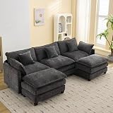 111'' Sectional Cloud Deep Seat Couch, Oversized Chenille U Shaped Sectional Sofa for Living Room Set, Comfy Upholstered Modular 5-Seats Sectional Sofa Couch with 2 Movable Ottoman, Dark Grey