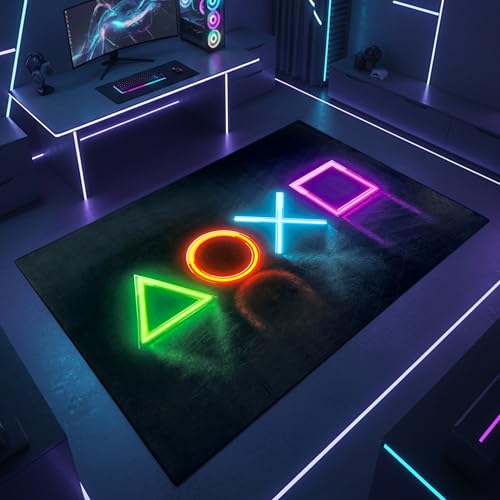 Teppich-Traum Teppich Gaming Kinderzimmer Eingangsbereich Gamingecke Wohnzimmmer modern rutschfest waschbar langlebig strapaziehrfähig Abstrakt in Schwarz & Neonfarben 50 x 90 cm