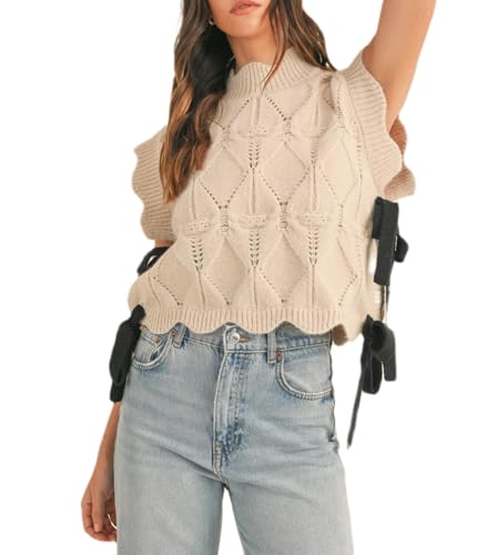 Image of Women Side Tie Sweater Vest Scallop Trim Mock Neck Knit Vest Bow Lace Up Ribbon Sweater Tank Top Knitwear