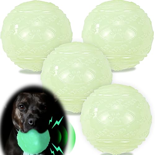 LECHONG 4-Pack 3.5 Glow Squeaky Dog Balls Bouncy Glow in The Dark Dog Ball with Squeaker Durable Dog Rubber Ball Toys Glowing Fetch Balls for Medium Large Dogs Nighttime Playing Indoors & Outdoors