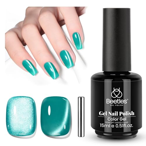 Beetles Green Cat Eye Gel Nail Polish - 15M Green Glass Cat Eye Gel Polish with Magnet Shimmer...