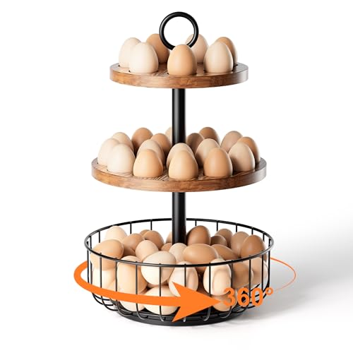 3-Tier 360° Rotating Egg Holder with 24+40 Egg Capacity - Rustic Farmhouse Kitchen Counter Organizer, Tiered Egg Storage Rack with Ventilated Wooden Trays & Metal Basket for Easter Eggs, Fresh Eggs