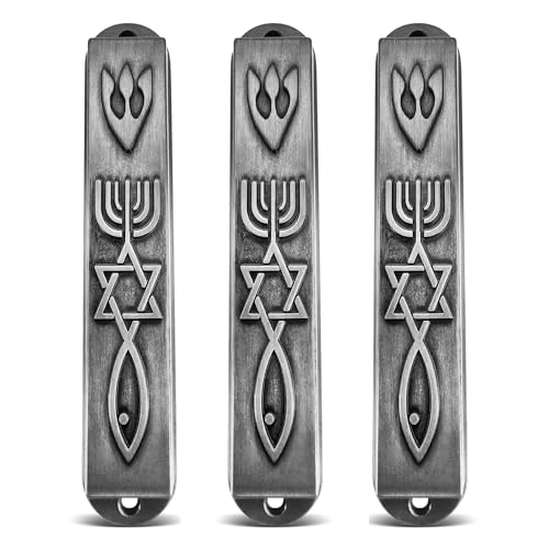 Set of 3 Pewter MEZUZAH with Scroll for Door 3D Messianic Seal Mezuzah Case Star of David Jerusalem Menorah Mezuzahs Israel Art Judaica Gift 3.5 inch (3)