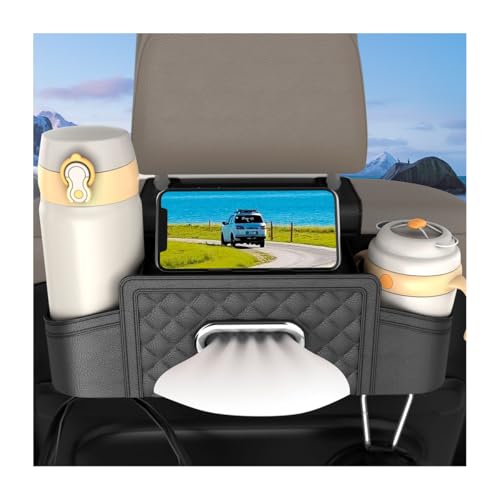 Ywdiml Car Seat Back Organizer, Multifunctional Vehicle Headrest Storage Box with Hooks and Phone Holder, Automotive Backseat Tissue Cup Holder Accessories, Universal for SUV Sedan Truck (Black)
