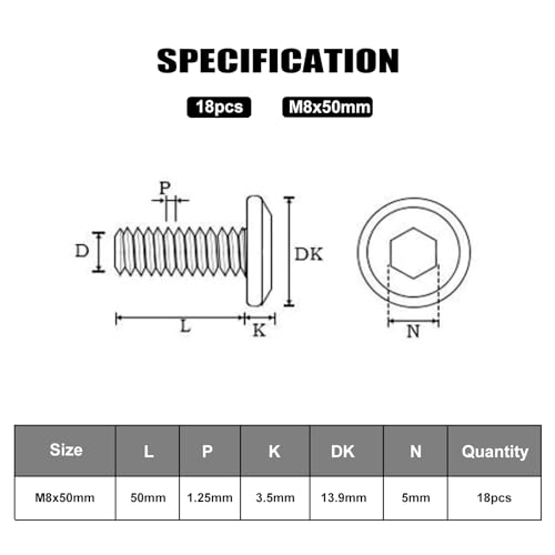 image for VGBUY M8-1.25 x 50 mm 18Pcs Flat Head Hex Socket Cap Screws Bolts,304 