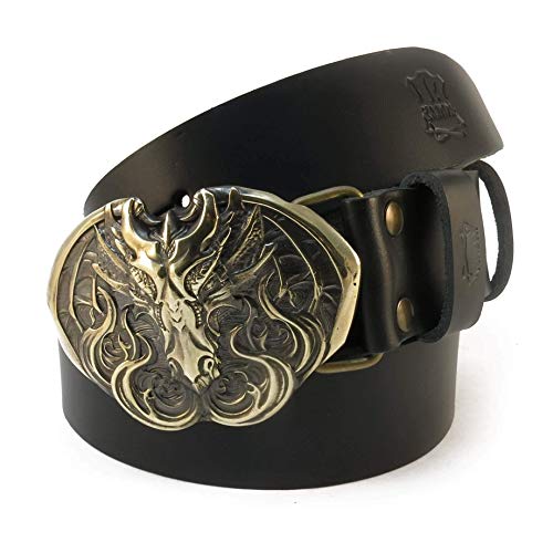 Leather belt with Dragon belt buckle, Handmade scandinavian old norse mythology Fafnir dragon solid brass belt buckle on leather belt
