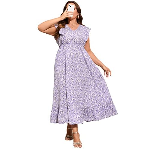 KOJOOIN Women's Plus Size Summer Dress with Pocket Ruffle Cap Sleeveless V Neck Side Split Long Beach Maxi Dress, XX-Large, Purple White Flower-1